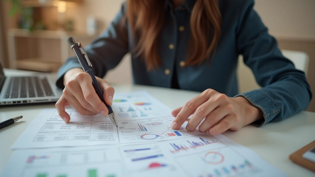 Volwassene die geldplanning en financiële doelen bestudeert met grafieken en calculaties