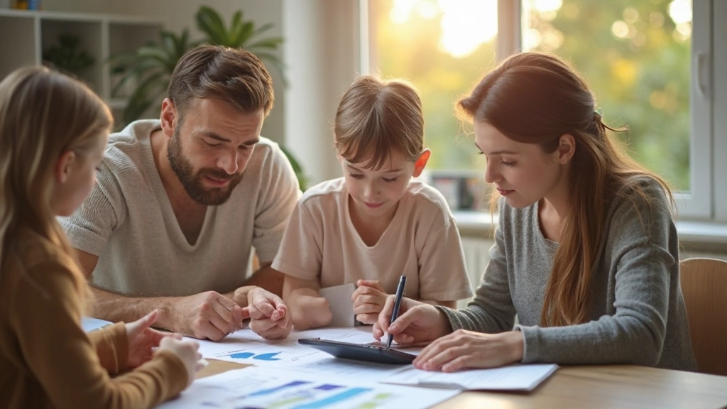 Gezin dat samen aan tafel budget plannen bespreken met papieren en calculator