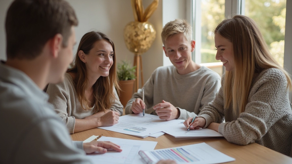Gezin dat rond tafel zit en samen financiële doelen bespreekt en planen maakt