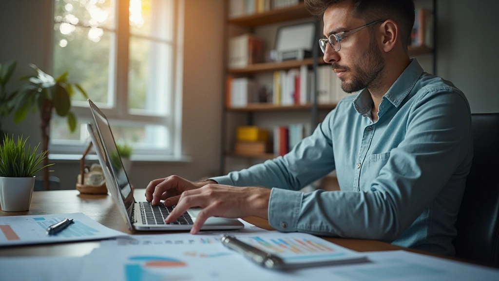 Man die financiële gegevens analyseert op laptop met grafiek en geldtransacties zichtbaar