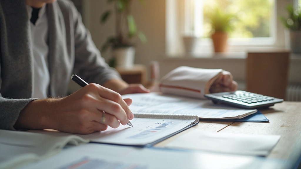 Persoon die budgetplan schrijft in notitieboek met calculator en financiële documenten op tafel