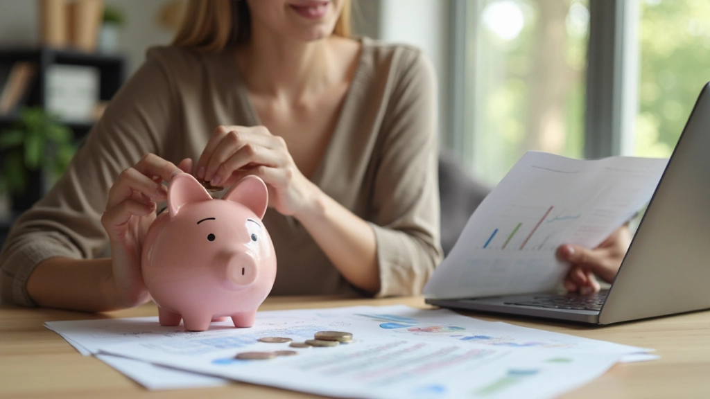 Vrouw die geldmunten in spaarspot plaatst naast een financiële planning document